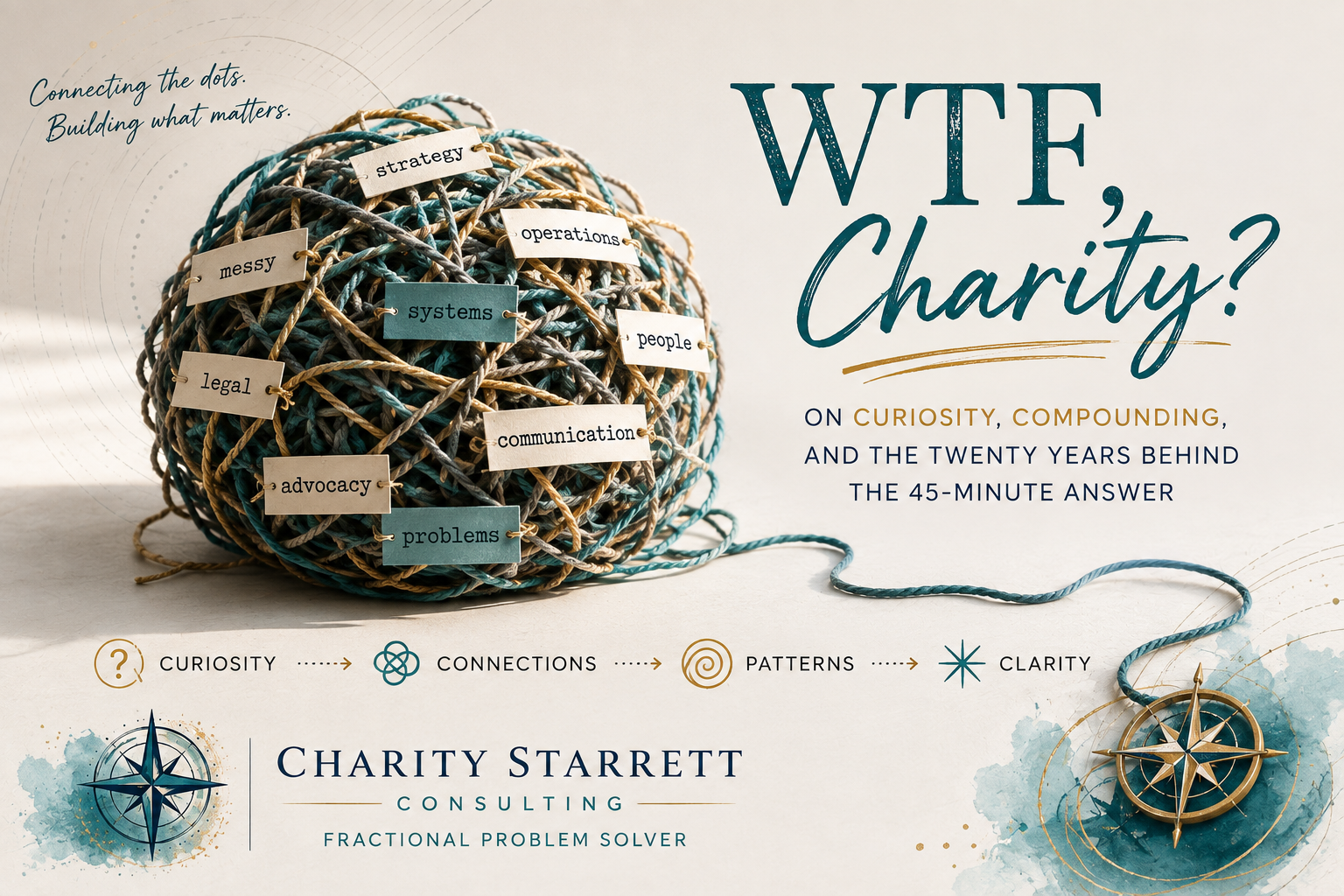 Ball of interwoven threads labeled strategy, operations, systems, people, communication, and advocacy, symbolizing how curiosity and compounding experience create organizational clarity