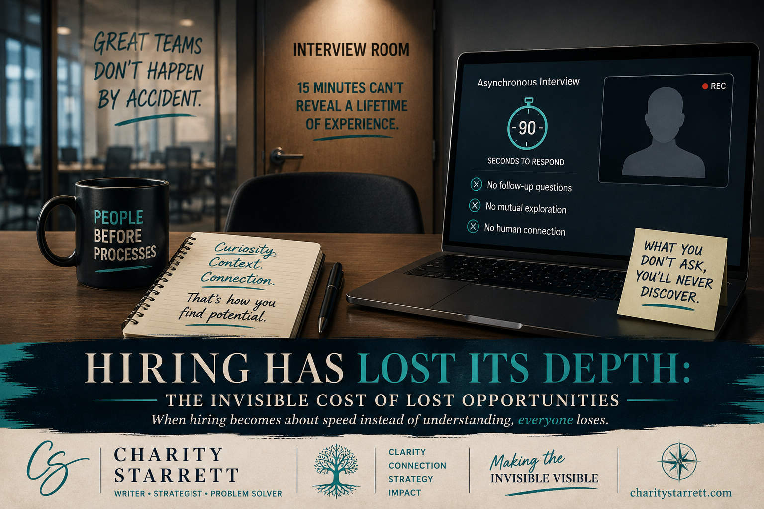 Editorial illustration of an empty interview chair and asynchronous video interview illustrating the loss of curiosity, context, and human connection in modern hiring.