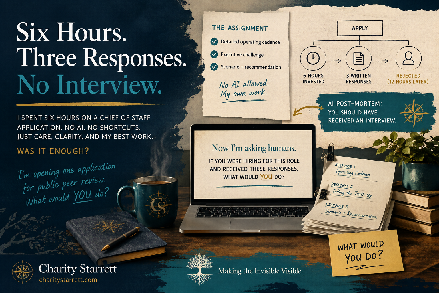 Editorial illustration for “Six Hours. Three Responses. No Interview.” showing a Chief of Staff application as a case file: six hours invested, three written responses, rejection twelve hours later, and an invitation for public peer review asking, “What would you do?”