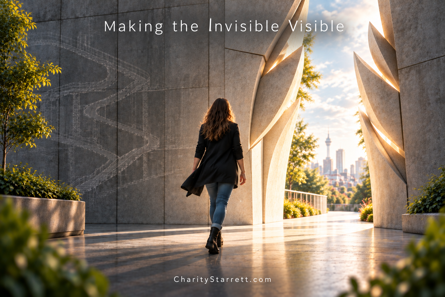 A woman walks forward as a solid architectural wall opens around her path, illustrating invisible disability, accessibility, and what becomes possible when environments adapt to people instead of requiring people to continually adapt to them.