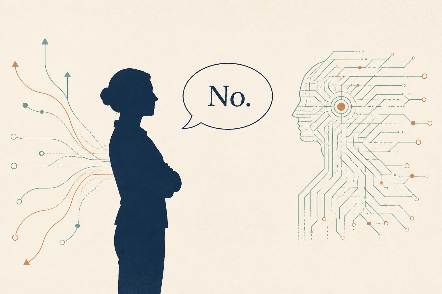 Editorial illustration of a human figure saying No to a geometric AI form, with branching paths symbolizing human agency and choice