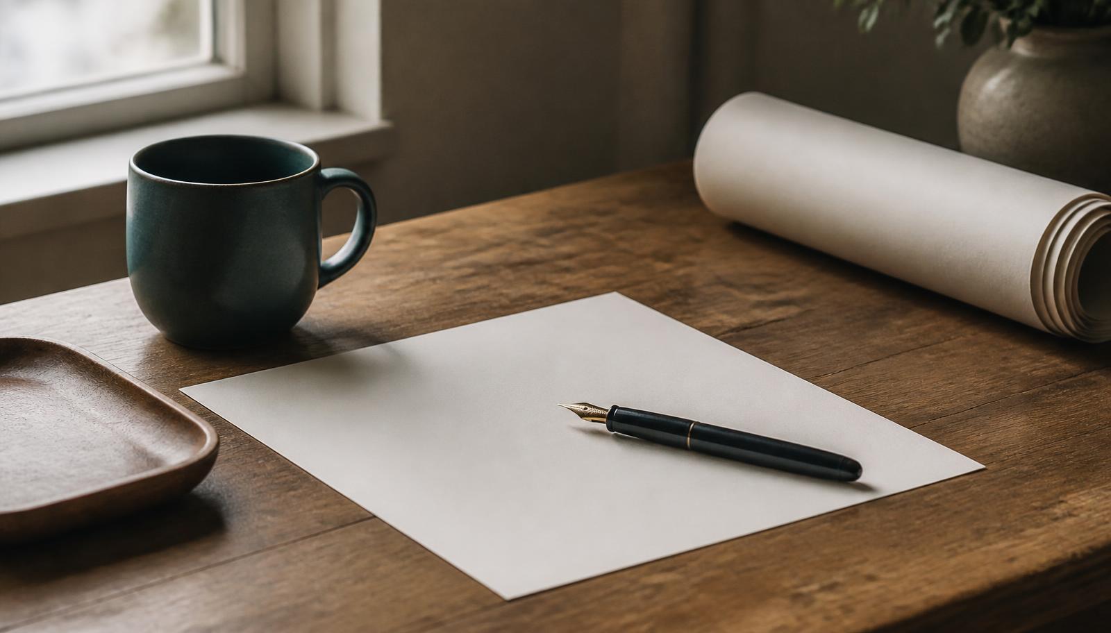 A quiet desk in natural light with a blank sheet of paper, fountain pen, and a rolled drafting sheet