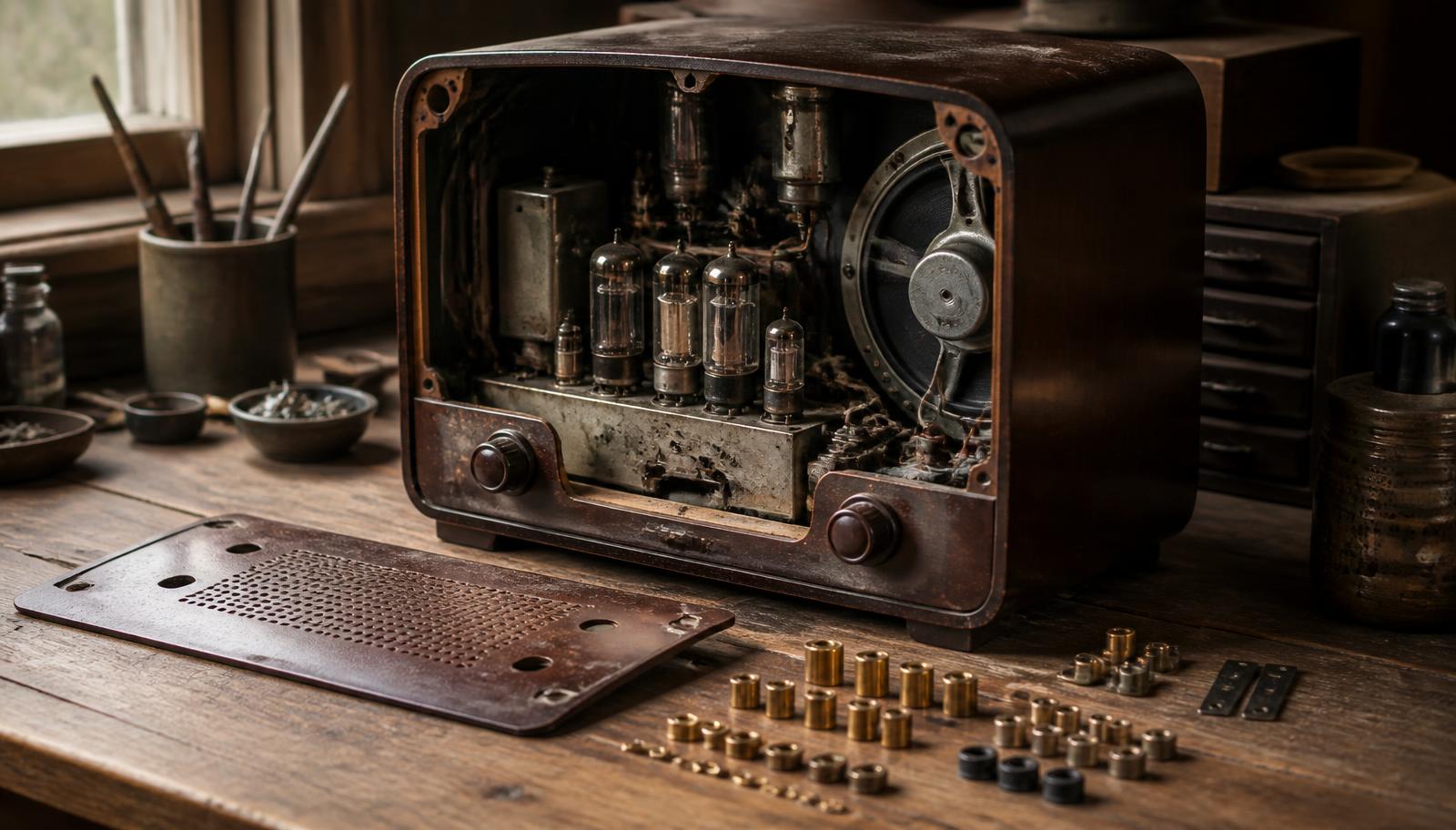 A vintage radio opened on a workbench beside neatly sorted brass fittings and hardware