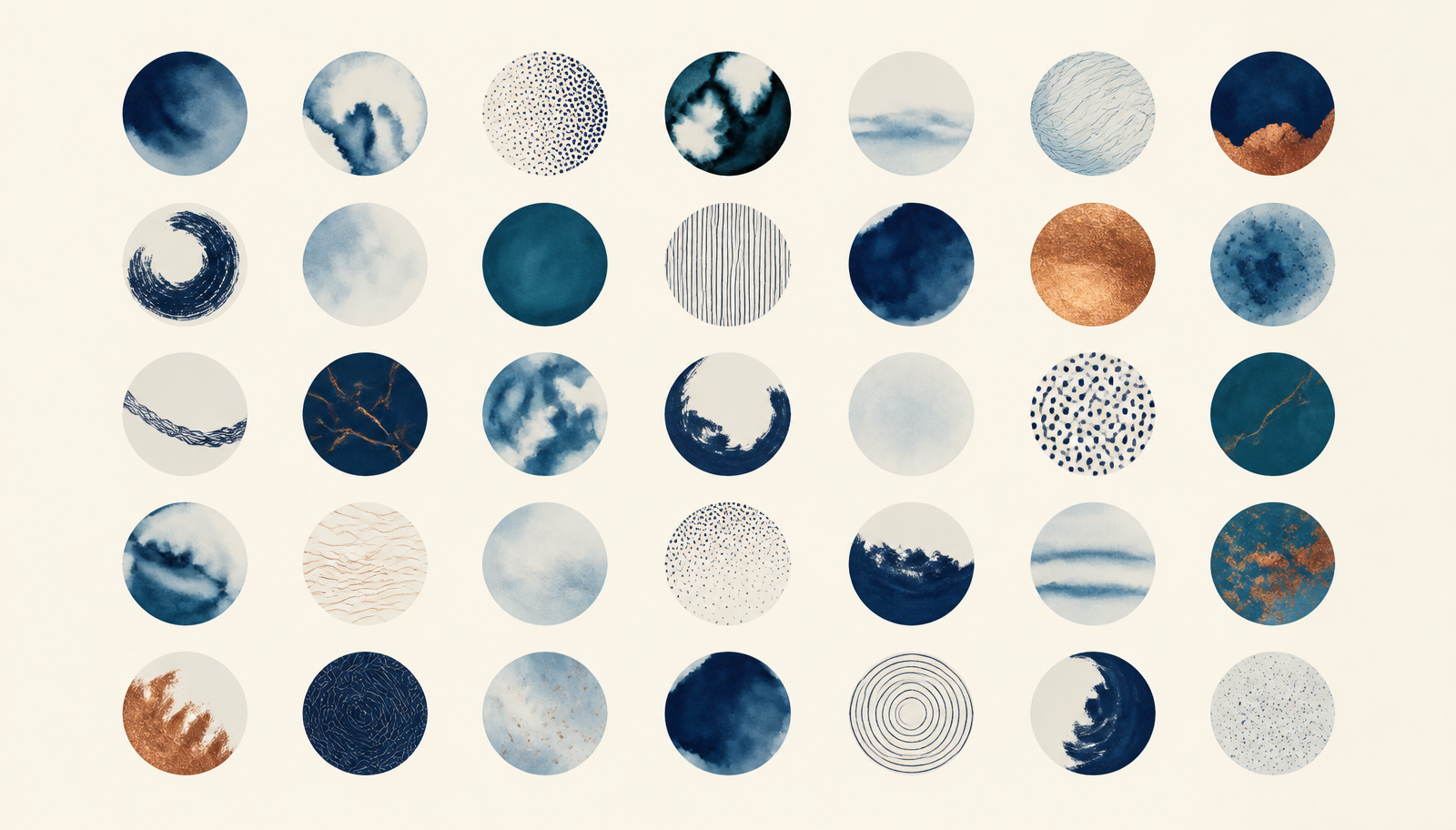 Grid of hand-painted navy, teal, and copper circles, each one uniquely textured, representing clients who are never interchangeable